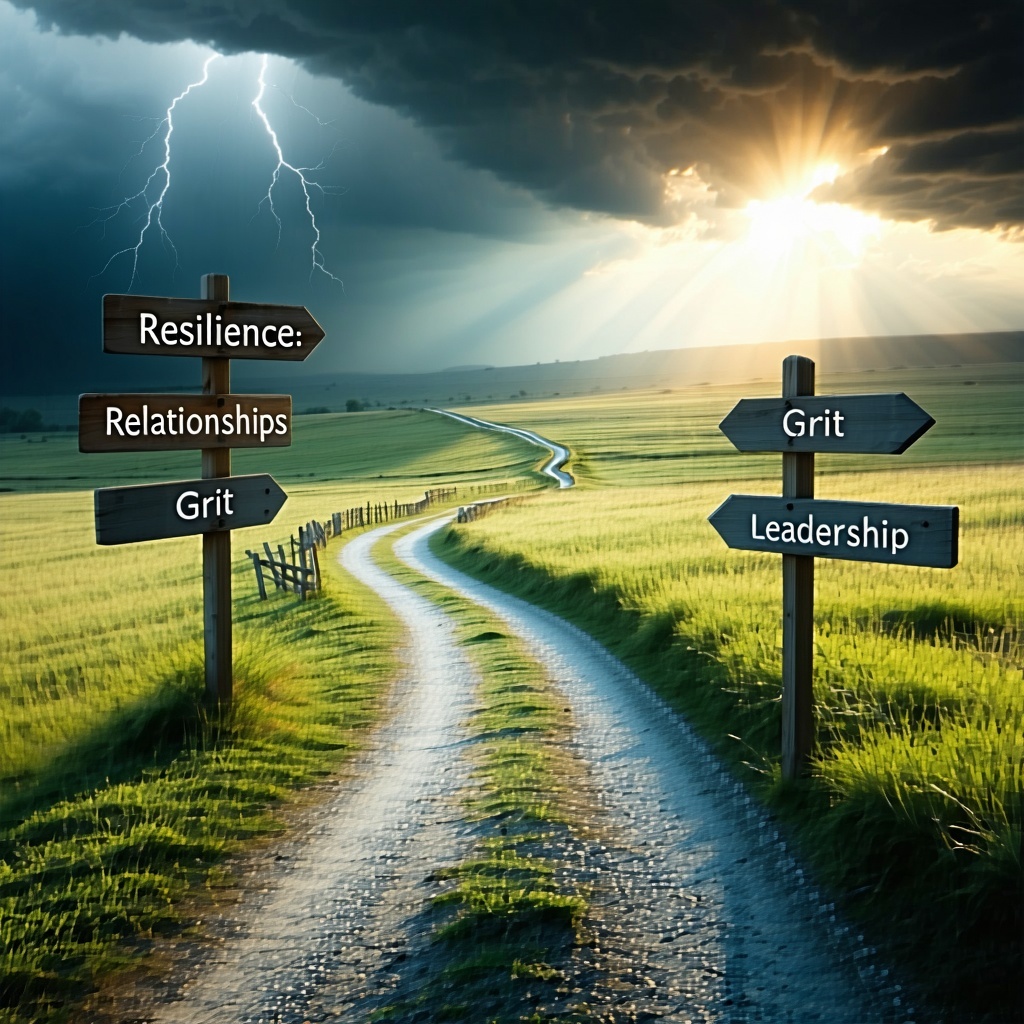 create a graphic for an article using A winding path through a landscape with storm clouds in the distance but sun breaking through ahead Along the path there are signs labeled Resilience Relationships Grit and Leadership